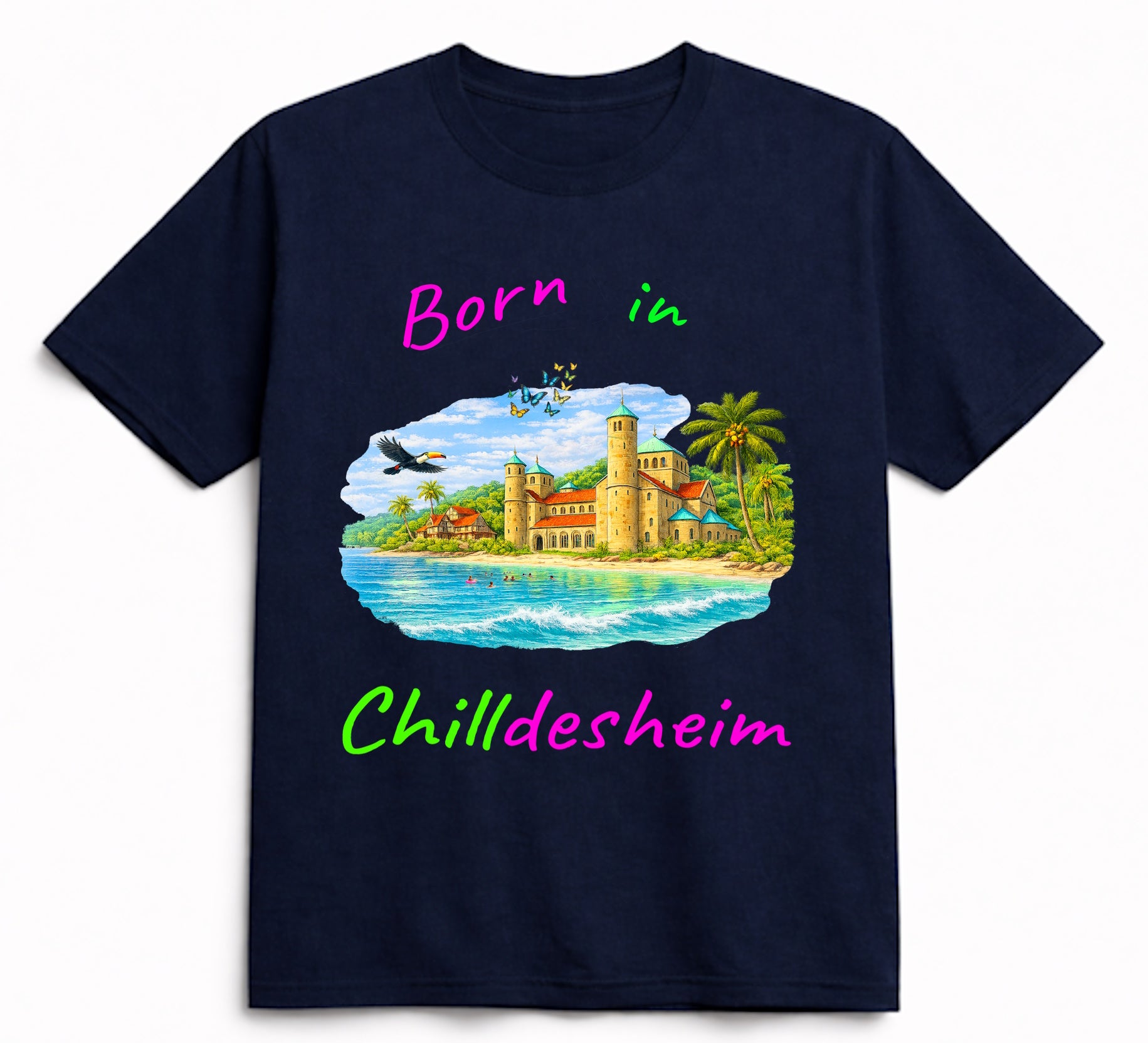 T-Shirt aus Bio-Baumwolle, "Born in Chilldesheim" Michaeliskirche-Variante, schwarz, Nr.010, inkl. Versand