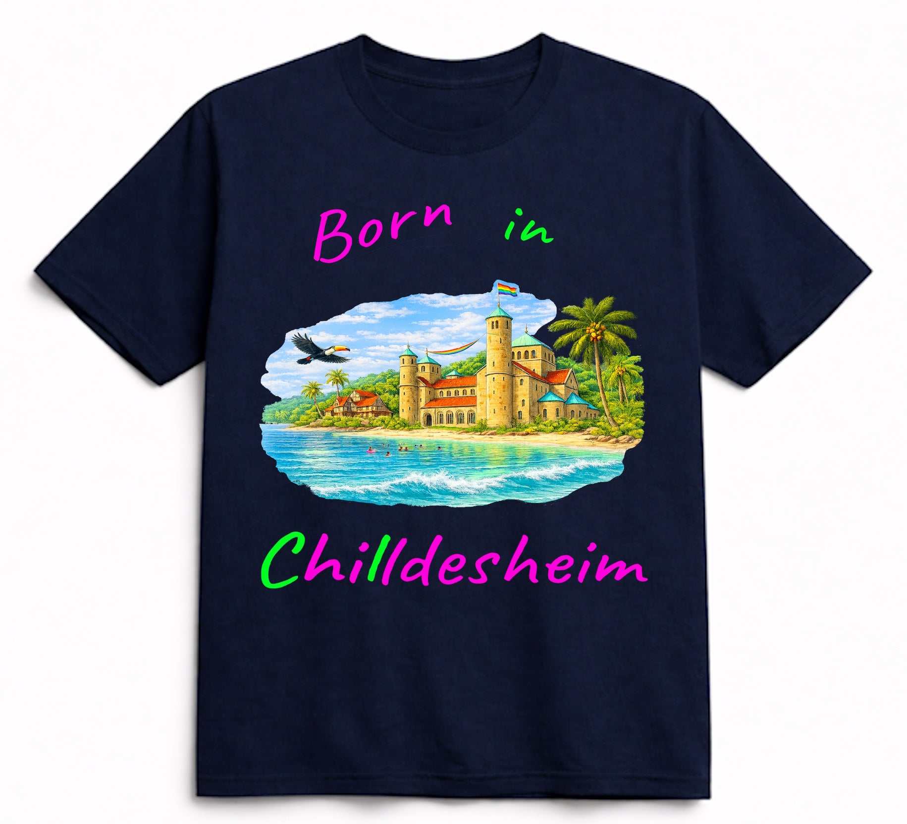 T-Shirt aus Bio-Baumwolle, "Born in Chilldesheim", Michaeliskirche in Regenbogenfarben-Variante, schwarz, Nr.012, inkl. Versand