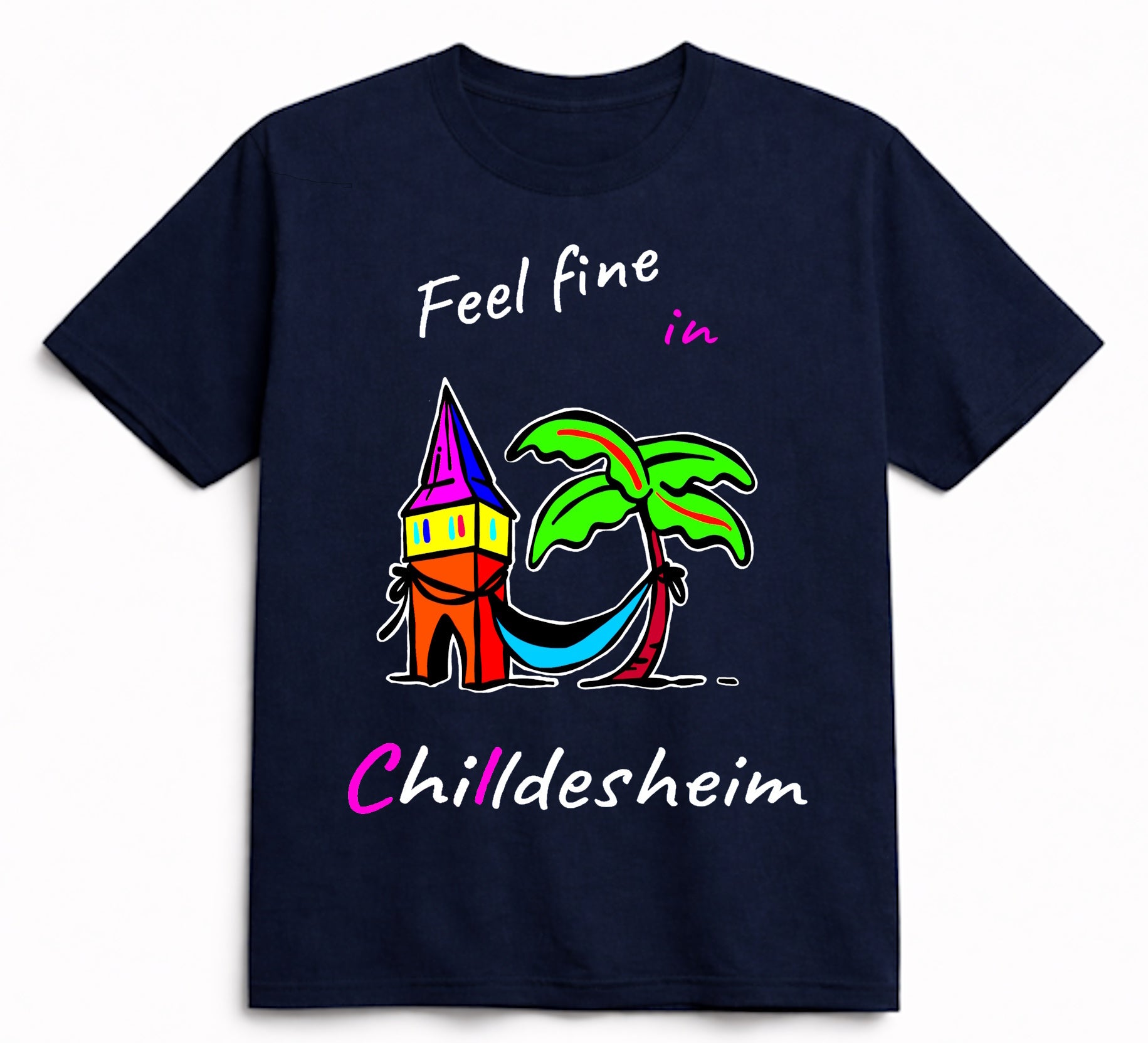 T-Shirt aus Bio-Baumwolle, "Feel fine in Chilldesheim"  Kehrwiederturm-Variante, schwarz, Nr.003, inkl. Versand