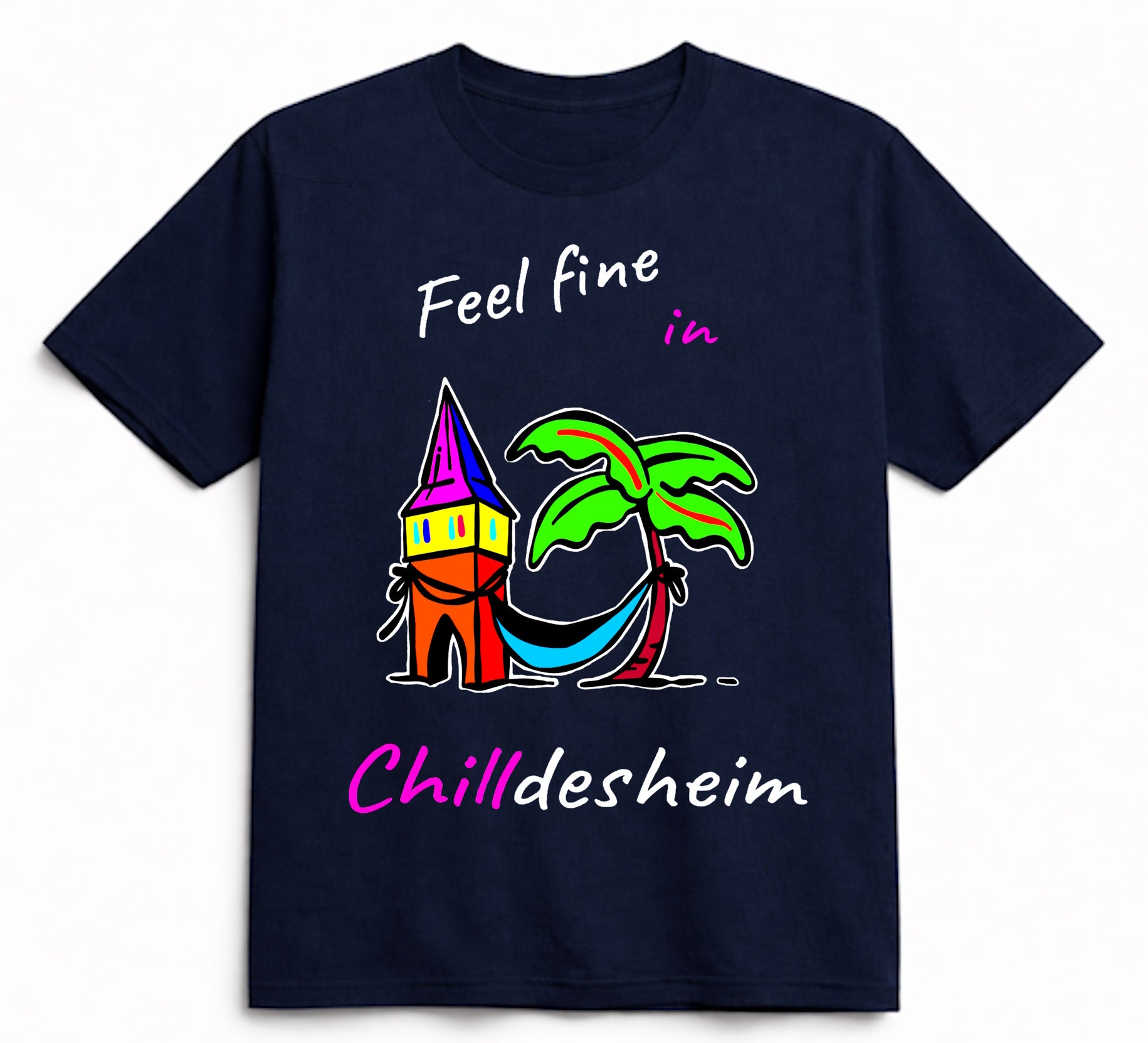 T-Shirt aus Bio-Baumwolle, "Feel fine in Chilldesheim"  Kehrwiederturm-Variante, schwarz, Nr.005, inkl. Versand