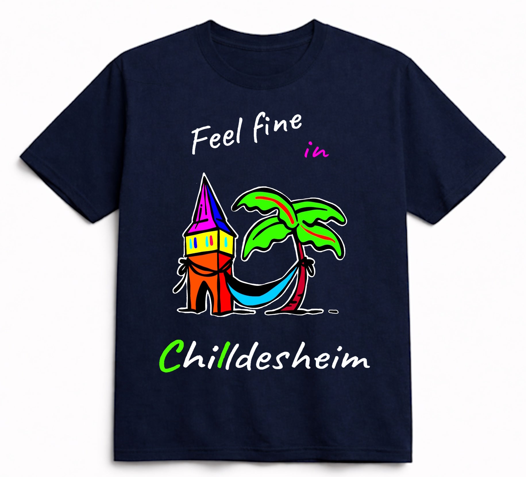 T-Shirt aus Bio-Baumwolle, "Feel fine in Chilldesheim" Kehrwiederturm-Variante, schwarz, Nr.004, inkl. Versand