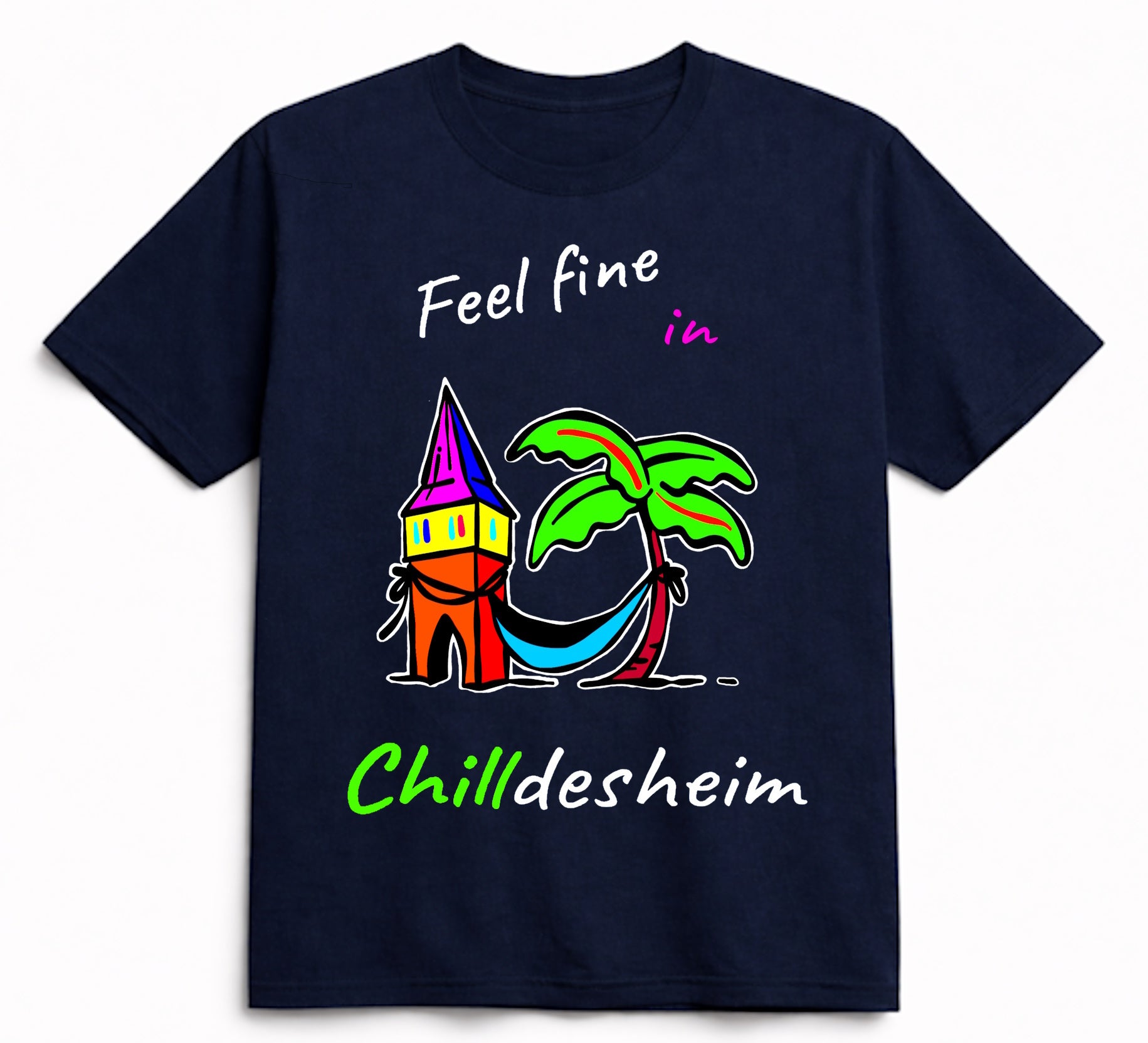 T-Shirt aus Bio-Baumwolle, "Feel fine in Chilldesheim" Kehrwiederturm-Variante, schwarz, Nr.006, inkl. Versand